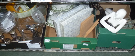 THREE BOXES OF USEFUL DOMESTIC ITEMS pottery, glass and metal ware, to include sculptural forms