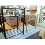 TWO PAINTED METAL FRAMED SIDE TABLES WITH GLASS INSERT TOP AND SLATTED UNDERTIER