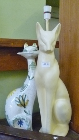 A LARGE POTTERY MODEL LAMP IN THE FORM OF A SEATED CAT together with a PAINTED RYE POTTERY SEATED