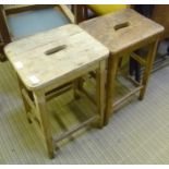 TWO SIMPLE WOODEN STOOLS WITH CUT OUT CARRY HANDLES