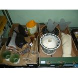 TWO BOXES OF DOMESTIC ITEMS to include glass candlesticks and ethnic carving