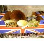 A BOX FULL OF DOMESTIC POTTERY together with A TURNED WOODEN BOWL