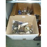 TWO BOXES OF USEFUL DOMESTIC ITEMS, various to include; sugar casters, teapot, brushes, part cruet