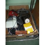 A BOX CONTAINING A SELECTION OF VINTAGE TELEPHONES ETC.