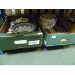 TWO BOXES CONTAINING A SELECTION OF ROYAL WORCESTER EVESHAM WARE, GLASS PAPER WEIGHT, CRIBBAGE BOARD