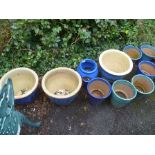 TEN BLUE AND GREEN GLAZED GARDEN POTS