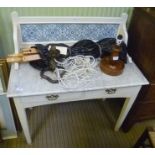 A PAINTED WOODEN FRAMED MARBLE TOPPED WASHSTAND WITH TILE SPLASHBACK