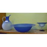 THREE PIECES OF BLUE AND FROSTED GLASS BATHROOM ACCESSORIES