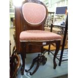 A MODERN MAHOGANY COLOURED BALLOON BACK BEDROOM CHAIR with trellis upholstered back and seat pad