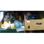 TWO BOXES CONTAINING A SELECTION OF DOMESTIC ITEMS to include oil lamp, delftware, studio pottery