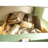 A BOX OF DOMESTIC METALWARES the majority silver plated