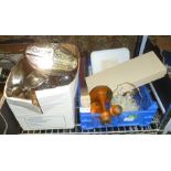 A BOX AND A CRATE OF DOMESTIC ITEMS VARIOUS to include silver plate serving items, cutlery etc.