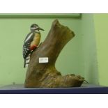 A CARVED AND PAINTED GREAT SPOTTED WOODPECKER ON TREE TRUNK STAND by Mike Wood