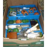 A BOX CONTAINING A SELECTION OF DOMESTIC ITEMS to include glassware, cutlery, Doulton character
