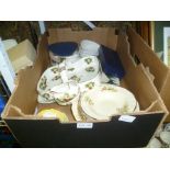 A BOX OF DOMESTIC POTTERY AND PORCELAIN to include a Hammersleys strawberry set