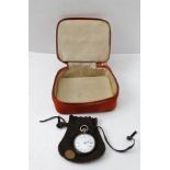 A SILVER CASED LADY'S POCKET OR FOB WATCH, decoratively chased case, white enamel dial with Roman