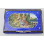 A CONTINENTAL SILVER GILT AND ENAMEL CACHOU BOX, blue guilloche enamel, the hinged cover decorated