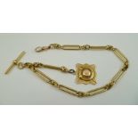 A LATE VICTORIAN 18CT GOLD LONG LINK WATCH CHAIN, WITH 18CT GOLD 'T' BAR, 50g, fitted with a 9ct