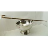 A DOUBLE WALLED CHAMPAGNE BOWL, 32.5cm diameter, together with A SILVER MOUNTED WALKING CANE, London