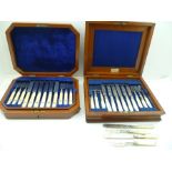 TWO VICTORIAN MAHOGANY CANTEENS OF DESSERT KNIVES AND FORKS, plated blades, one set with mother-of-