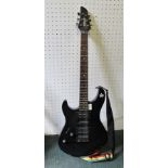 A LEFT HANDED "YAMAHA" BRANDED BLACK FINISHED STRATOCASTER DESIGN 6-STRING ELECTRIC GUITAR, with