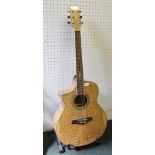 A LEFT HANDED "IBENEZ" BLONDE WOOD DEEP BODIED ACOUSTIC GUITAR, model EW20LASE-NT1202 with