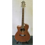 A LEFT HANDED "KRAFTER" BRANDED NATURAL WOOD 6-STRING ACOUSTIC GUITAR with built in pre-amp, with