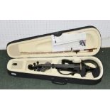 A HARD SHELL CASED ELECTRONIC VIOLIN with built-in pre-amp, by ARCHETTO, with bow and leads