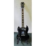 A LEFT HANDED "GIBSON" GLOSS BLACK FINISHED SG GUITAR, with folding stand