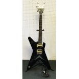 A LEFT HANDED "DEAN" BLACK FINISHED MLXL 6-STRING ELECTRIC GUITAR, with strap and folding stand