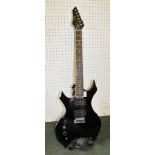 A LEFT HANDED "VISION" BRANDED BLACK GLOSS FINISHED 6-STRING ELECTRIC GUITAR, with strap and stand