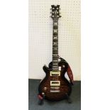 A LEFT HANDED "DEAN" LES PAUL DESIGN TIGER WOOD FINISH 6-STRING ELECTRIC GUITAR, with strap and