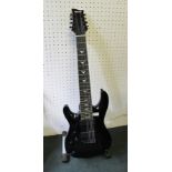 A LEFT HANDED "QUINCY" BRANDED BLACK GLOSS FINISHED 8-STRING ELECTRIC GUITAR, with folding stand