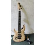 A LEFT HANDED "QUINCY" BRANDED NATURAL WOOD FINISH STRATOCASTER DESIGN 6-STRING GUITAR, with strap