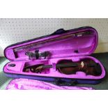 AN "ASHTON" BRANDED CASED VIOLIN AND BOW, with accessories