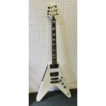 A LEFT HANDED "GOULD" BRANDED IVORY WHITE FINISHED FLYING V GUITAR