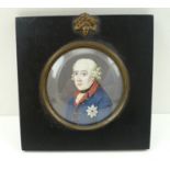 A 19TH CENTURY MINIATURE PORTRAIT PAINTING, "Frederick the Great", circular mounted 7.5cm