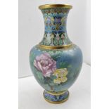 A JAPANESE CLOISONNE VASE OF BALUSTER FORM, the pale blue ground with blossom, peony and bird
