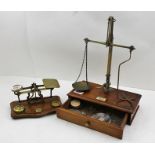 A 19TH CENTURY APOTHECARY'S BALANCE SCALE, brass beam balance upon a mahogany box base with