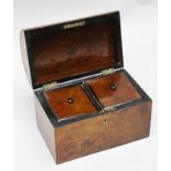 A 19TH CENTURY WALNUT VENEER DOME TOP TEA CADDY, opens to reveal two inner lidded compartments, 23cm