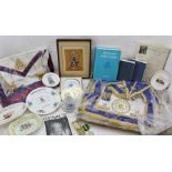 A COLLECTION OF MASONIC REGALIA AND MEMORABILIA, includes a Warwickshire provincial Apron and