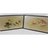 TWO HAND PAINTED CHINESE FAN LEAVES, each depicts birds amidst flowers, calligraphic script to each,