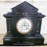 A LATE VICTORIAN BLACK SLATE MANTEL CLOCK having white enamel dial with Roman numerals, Brocot