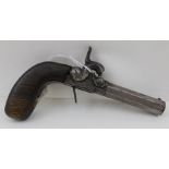A PERCUSSION POCKET PISTOL, turn off barrel, engraved lock and trigger, barrel lined, overall length