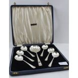 EMILE VINER AN ART DECO DESIGN SILVER DESSERT SET comprising; serving spoon and six dessert