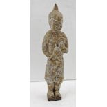 A CHINESE HAN DYNASTY (206BC-220AD) AN UNGLAZED STONEWARE ATTENDANT FIGURE, carrying a flask of