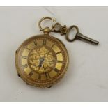 AN 18CT GOLD CASED LADY'S POCKET OR FOB WATCH, decoratively engraved outer case, gilded dial with