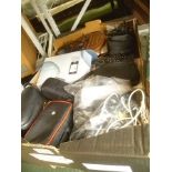 A BOX CONTAINING A SELECTION OF USEFUL DOMESTIC ITEMS to include cameras, telephones, etc.