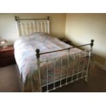 A WHITE PAINTED BRASS TOPPED VICTORIAN DESIGN DOUBLE BED FRAME with side rails and base