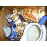 A BOX CONTAINING A SELECTION OF BLUE AND WHITE DECORATED JUGS AND TWO ORIENTAL DESIGN VASES